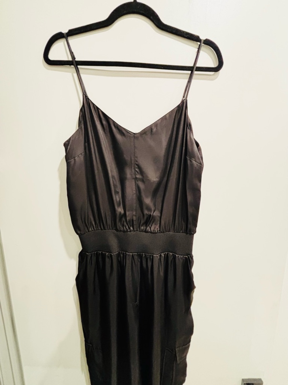 cinq a sept Black Satin V-Neck Spaghetti-Strap Jumpsuit with Elastic Waist